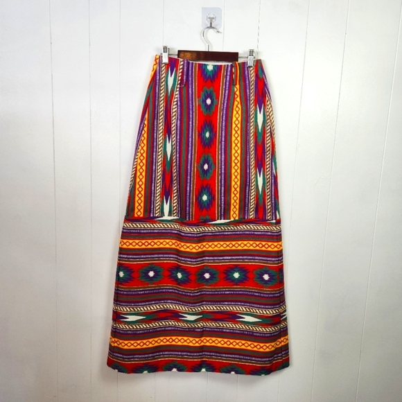 Vintage 1960s 1970s Southwestern Print Maxi Skirt High Rise Waisted Red Size XS - Picture 9 of 13